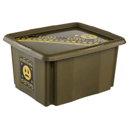 keeeper karolina storage box with lid, 24 l, rotatable and stackable, Emoji Danger design, For children, olive green (Olive)