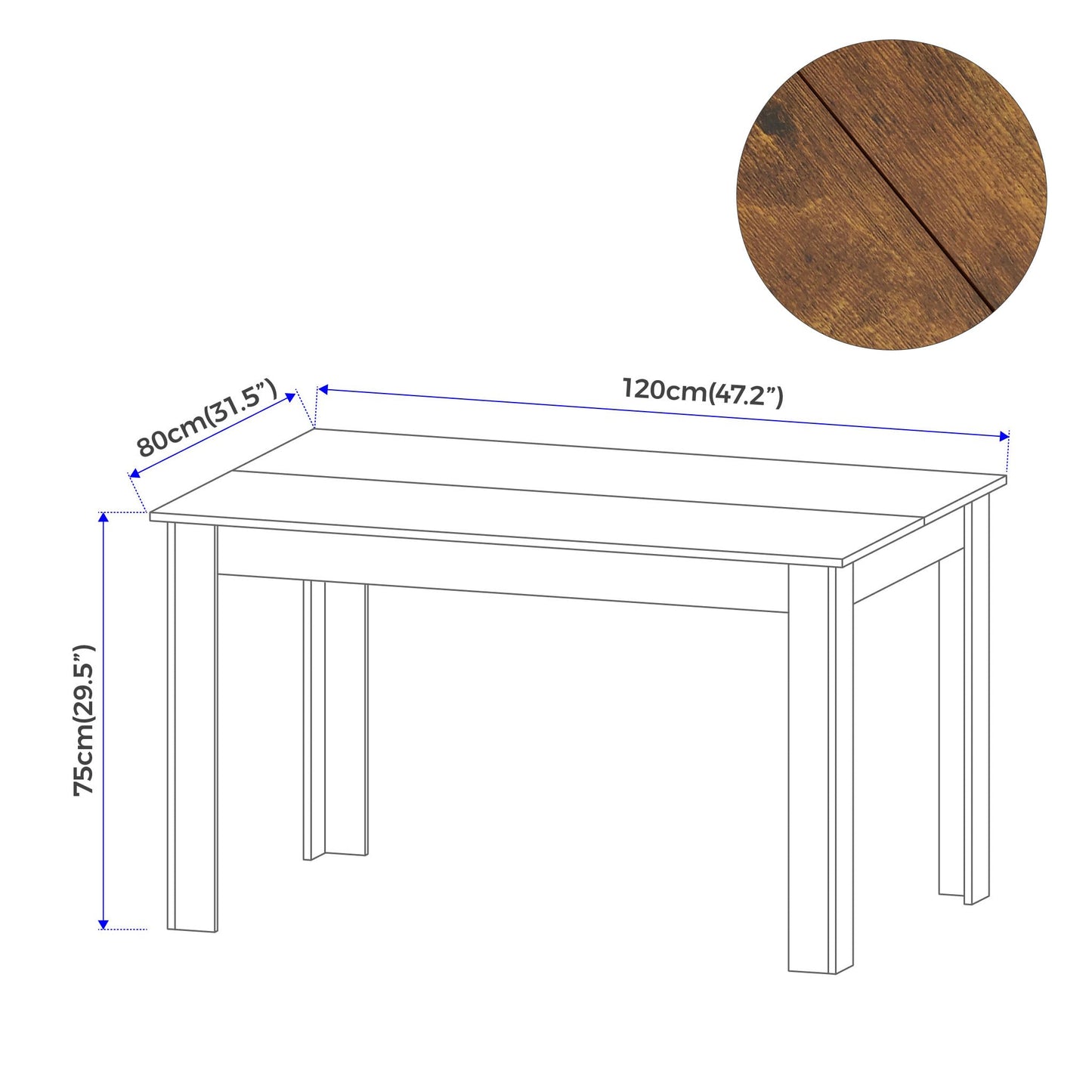 Mondeer Dining Table, Kitchen Table for 4 People, 120W x 80D x 75H cm
