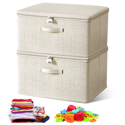 Zamety 2 Pcs Storage Box with Combination Lock, Lockable Storage Box, Fabric Organiser Box with lids, Foldable Storage Boxes for Bedding, Clothes