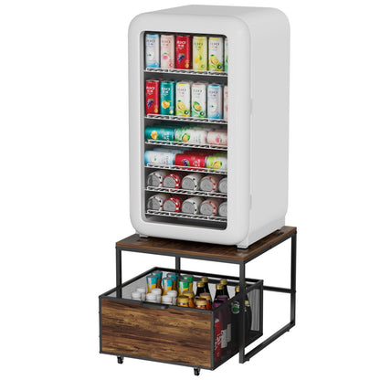 VyGrow Fridge Stand with Storage and Wheels, Heavy Duty Wooden Mini Fridge Stand with Portable Rolling Drawer Basket for Home, Kitchen, Room, Office