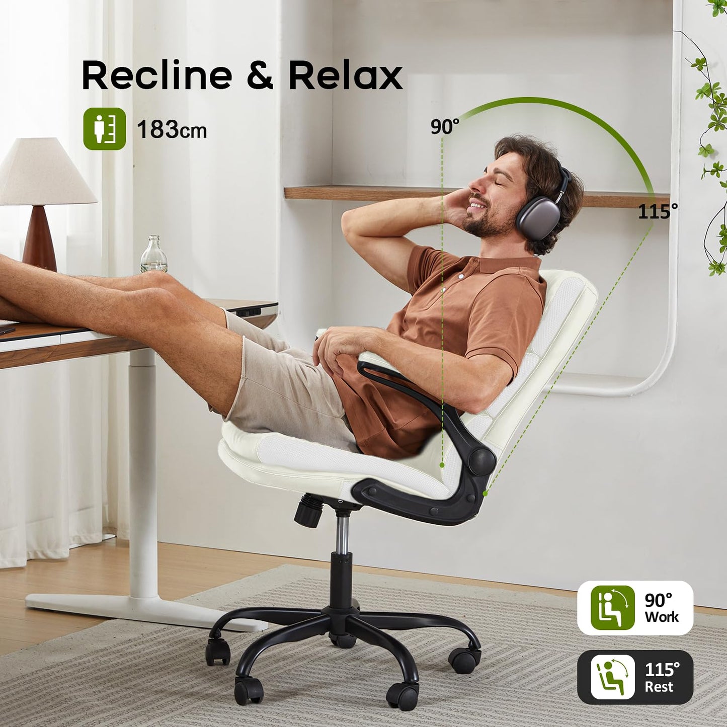 LukkDys Executive Office Chair with Flip-Up Armrests, 3-Stage Lumbar Support, Ergonomic Mid Back PU Leather Swivel Chair