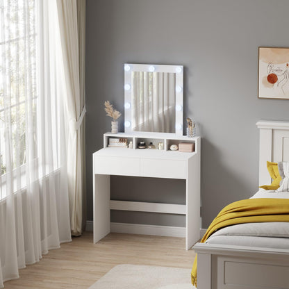 WestWood Modern LED Dressing Table with Hollywood Mirror, Makeup Vanity Desk with Drawers and Open Shelves