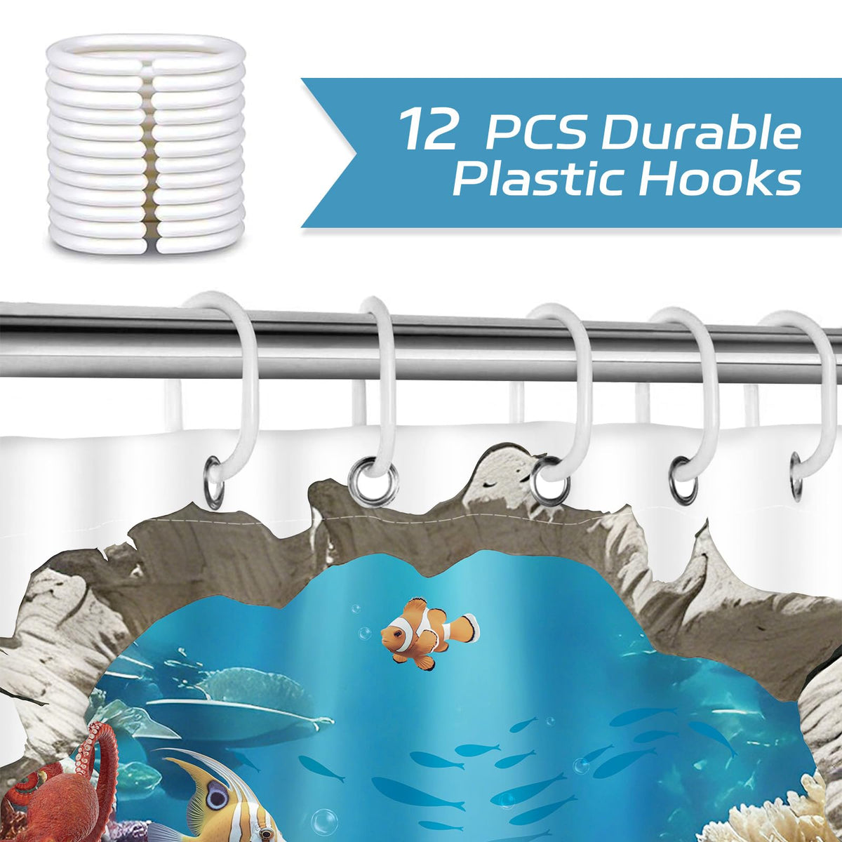 Dazzlewall 3D Fish Shower Curtain for Bathroom Mould & Mildew Resistant