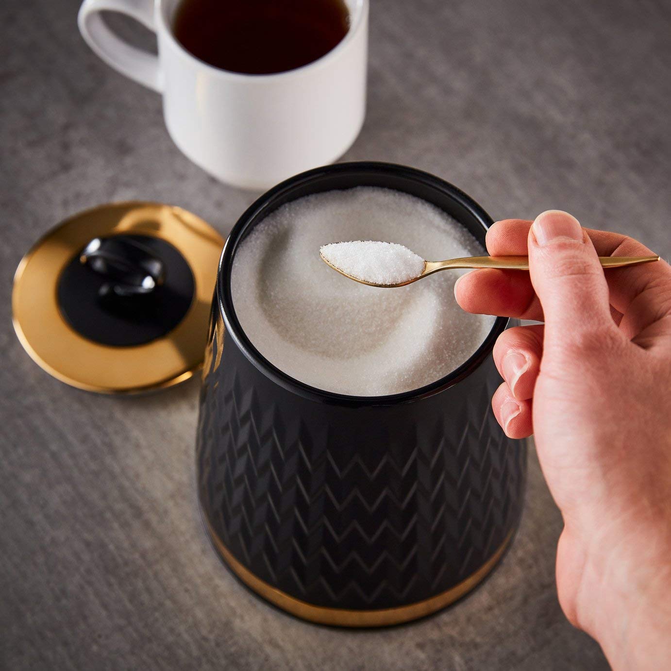 Tower T826091BLK Empire Set of 3 Storage Canisters for Tea Coffee Sugar, 1.3L, Black and Brass