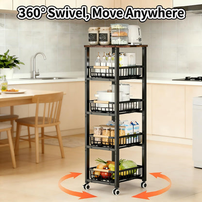 JSHNE Kitchen Trolley on Wheels, Vegetable Rack for Kitchen, Stackable Fruit Basket, 5 Tier Storage Trolley with Lockable Wheels
