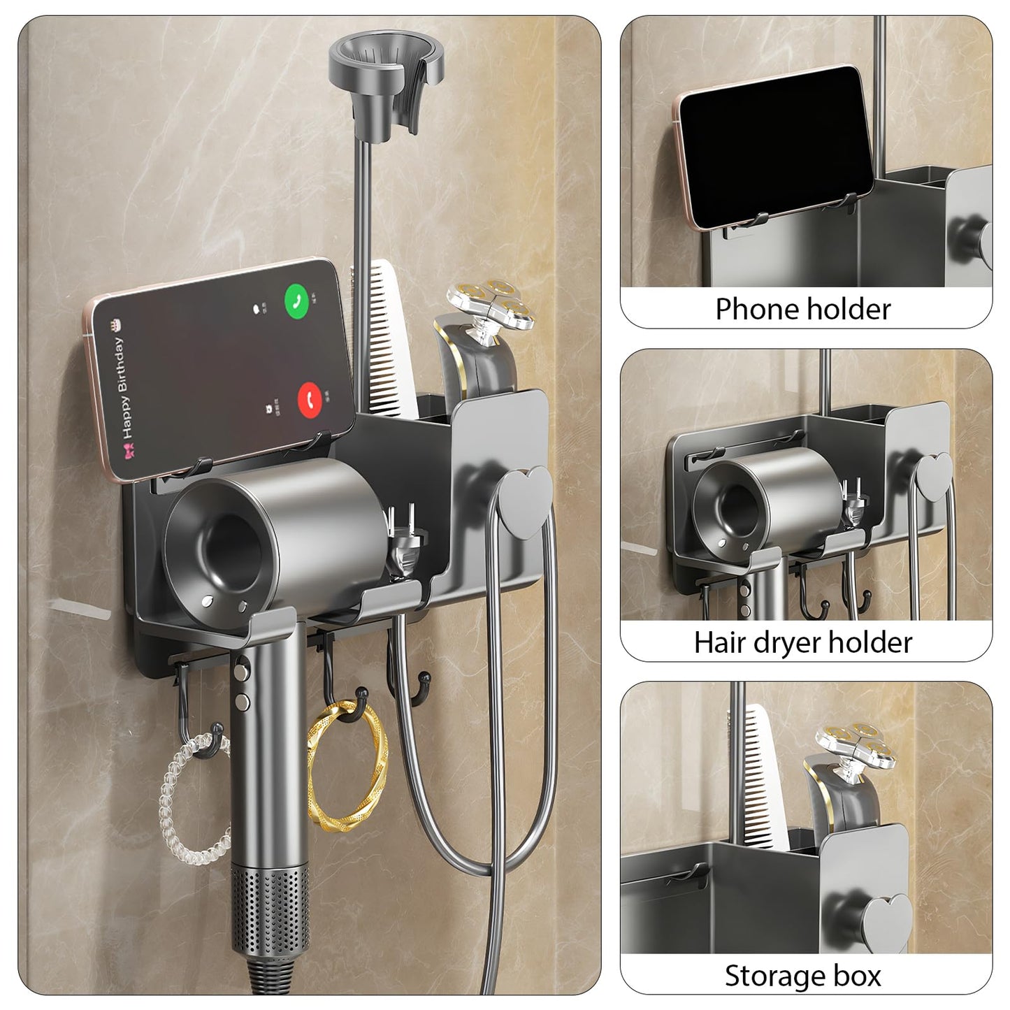 Ecloom Hair Dryer Holder No Drilling Required with 360 Deg Rotation