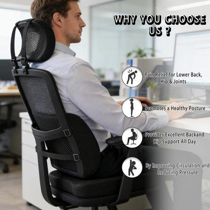 Seat Cushion & Lumbar Support Pillow, Memory Foam Coccyx Cushion for Tailbone Pain Sciatica Hemorrhoid Bum Lower Back Pain Relief