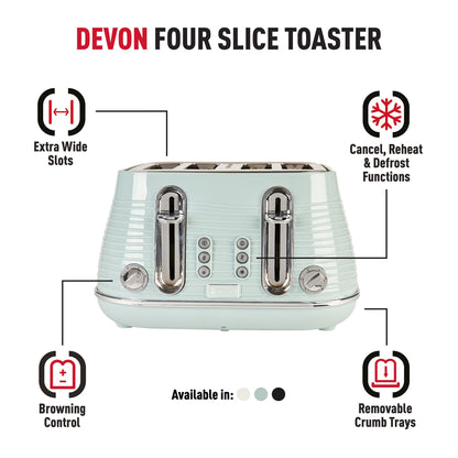 Haden Devon Eucalyptus 4 Slice Toaster - 6 Browning Settings, 4 Slice Toaster with Wide Slots, Toaster 4 Slice with Defrost, Reheat And Cancel
