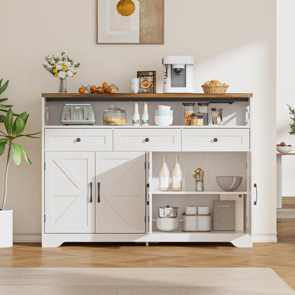 BonVache Sideboards Cabinet with Power Outlets,Wooden Storage Sideboard with Adjustable Shelf,3 Drawers and Open Shelf,Buffet Cupboard for Living