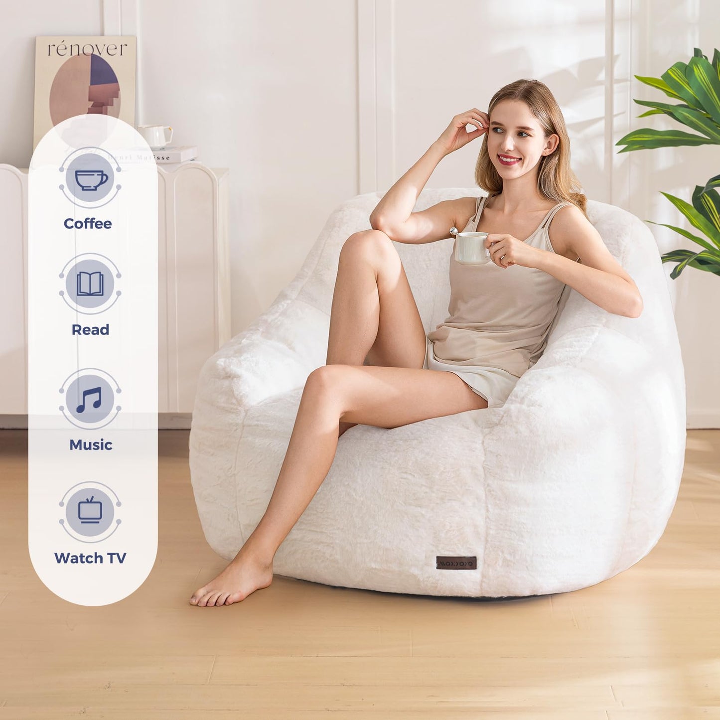 MAXYOYO Bean Bag Chair for Adults or Children, Soft Faux Fur Floor Single with Filling, Comfy Bean Bag Sofa with Back Support, Accent Chair