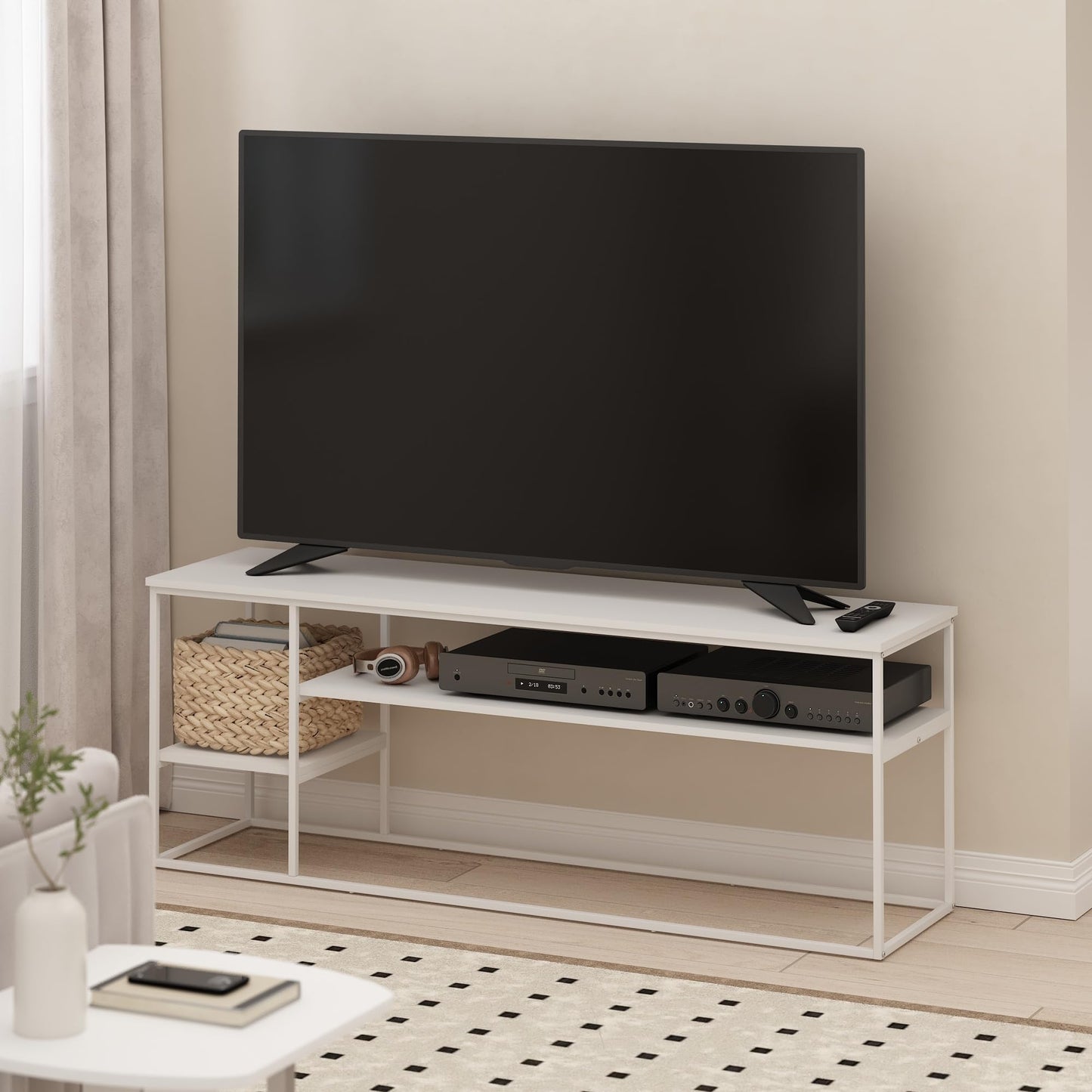 Furinno MORETTI Modern Lifestyle TV Stand, Entertainment Center for TV up to 65 Inch, for Living Room, Bedroom, White/White
