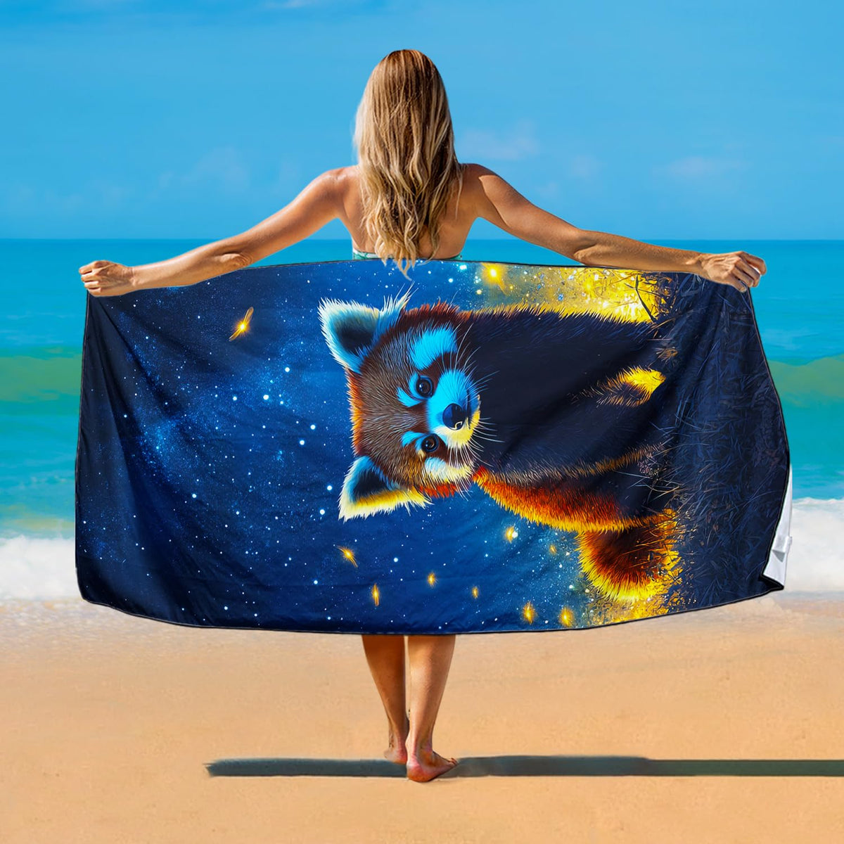 Violetpos Starry Red Panda Beach Towel, Extra Large 180x90 cm 250GSM Microfibre, Sand Free Quick Dry