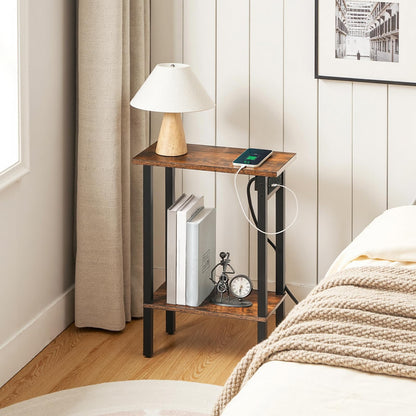 HOOBRO Small Side Table, 2-Tier Slim End Table with Charging Station, Narrow Bedside Table with Open Storage, for Small Spaces, Living Room, Bedroom