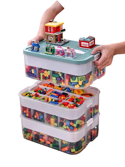 Storage Boxes with Lids for Lego Cube Kids Toy Box 3 Layers Stackable Plastic Drawer Organiser Clear Compartment Craft Containers for Magnetic