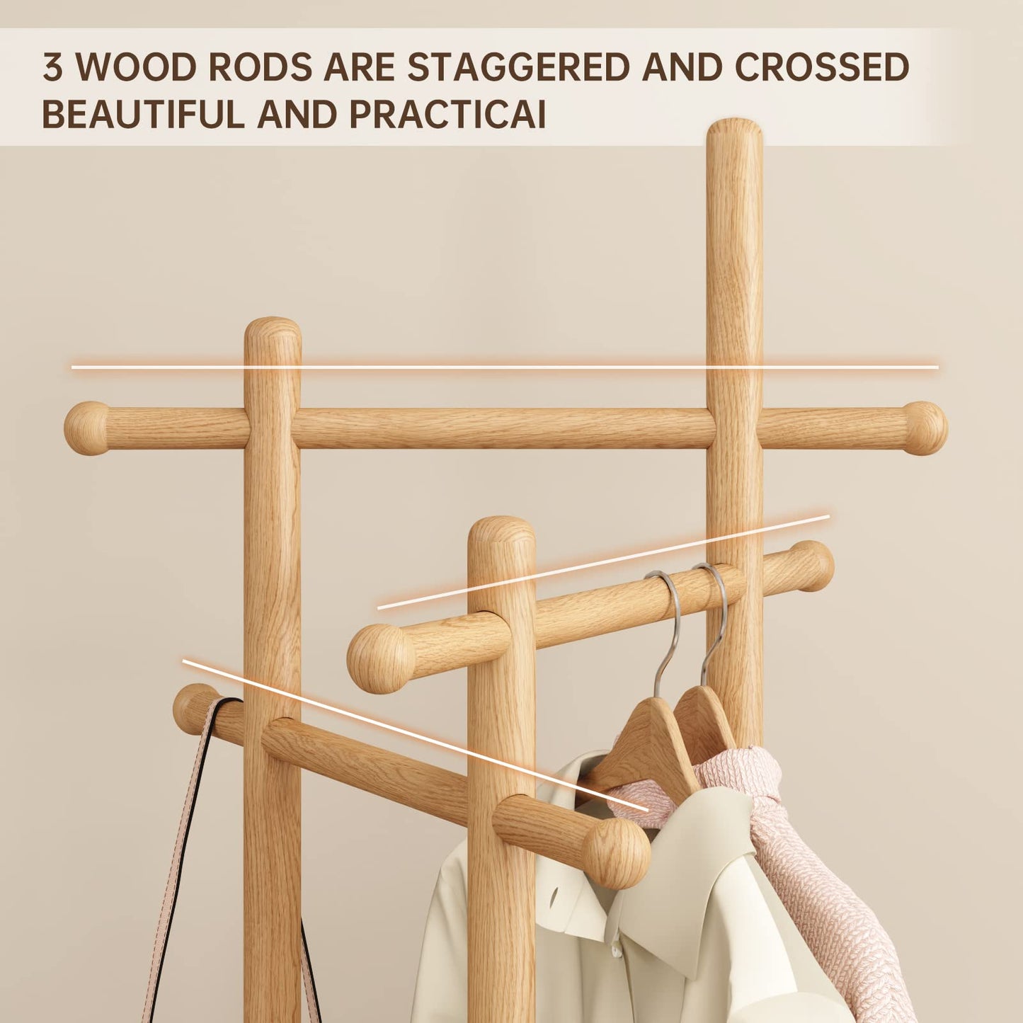 AQIMUELE Coat Stand, Woodem Coat Rack Stand with 3 Storage Shelves, Freestanding - Rotatable Coat Hanger Stand, Sturdy and Easy Assembly for Hallway