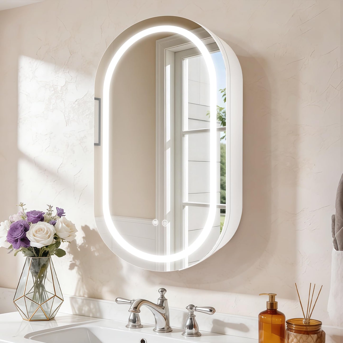 Janboe Oval Mirror Cabinet with Light,LED Mirror Cabinet,USB Shaver Socket,Internal Light,Steel with Powder Coating,Soft Closing Hinge,51cm×81cm,White