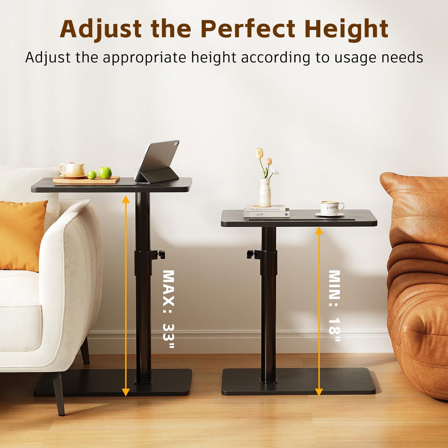 CAIYUN C Shaped Side Table, Height Adjustable Swivel 360° Rotating, Black End Table Set of 2 for Small Spaces