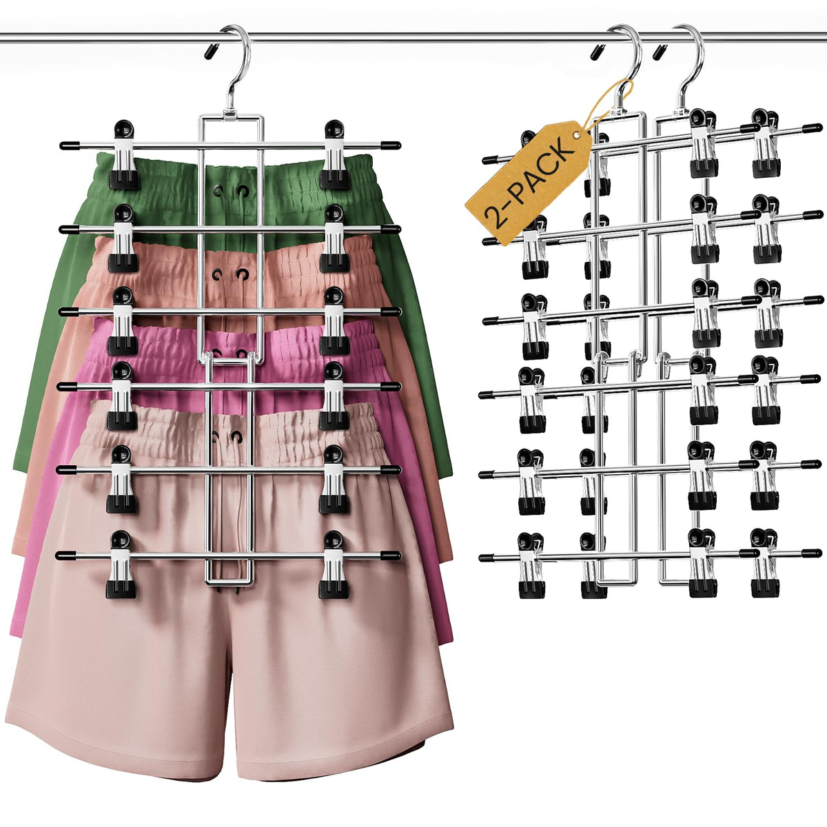 DAMITA Skirt Trouser Hangers with Clips Space Saving Hanging Closet Organizer 6 Tiers Multi Hanger with 360° Swivel Hook