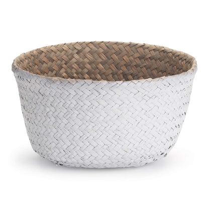 Seagrass Belly Basket Natural Woven Plant Pot Foldable with Handles for Storage Laundry Blankets Toys (Natural + White)