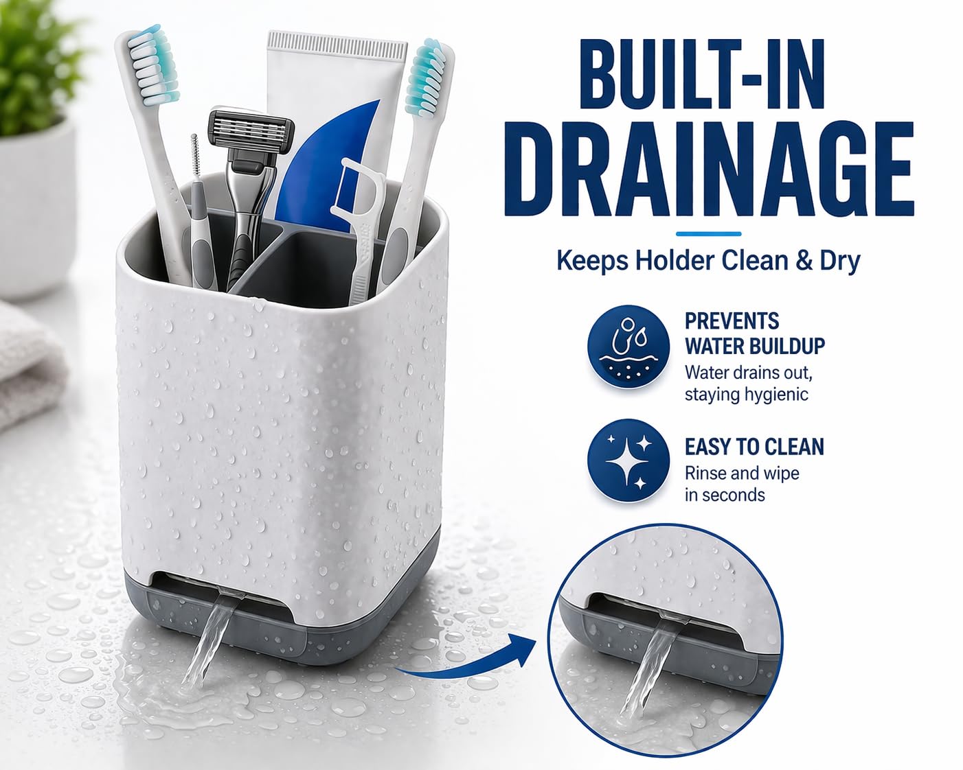 Gill Global Toothbrush Holder with Toothpaste Squeezer, 3 Slot Bathroom Organiser, Toothbrush Stand with Drainage, Bathroom Storage Cup
