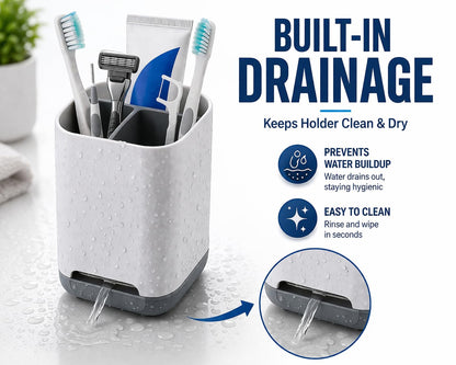 Gill Global Toothbrush Holder with Toothpaste Squeezer, 3 Slot Bathroom Organiser, Toothbrush Stand with Drainage, Bathroom Storage Cup
