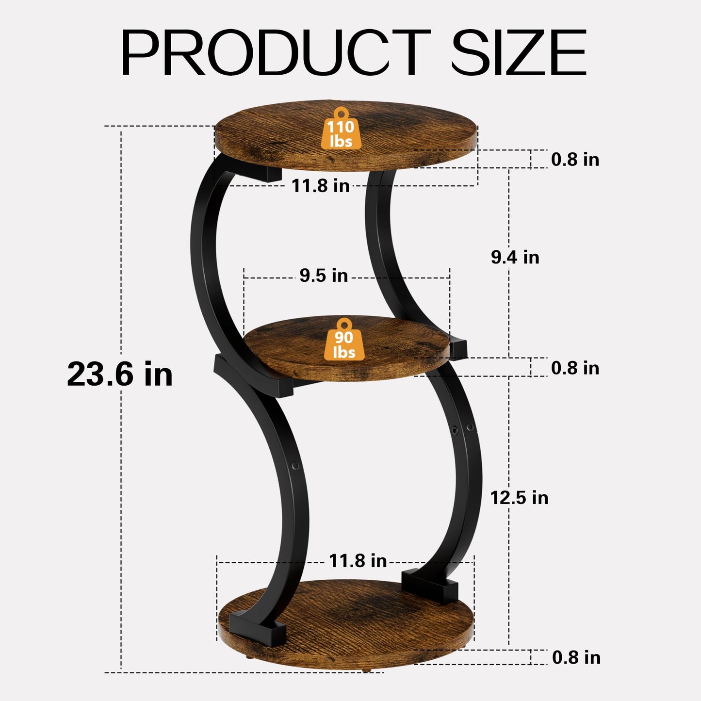 JUSTOGO Round Side Table, S-shaped 3-Tier Coffee Table, Small Table, Wood, Metal Bedside Table for Living Room, Bedroom