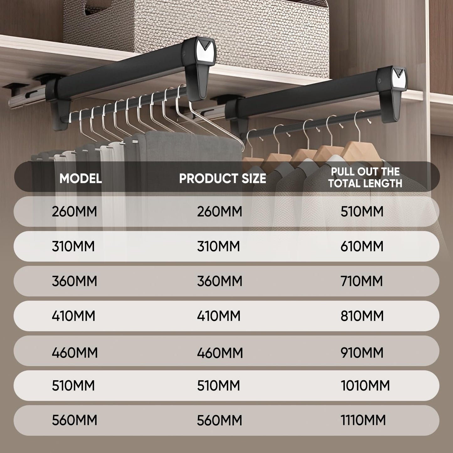 Pull Out Clothes Rail,Pull out Hanger Rail (26-61CM) Steel Adjustable Clothes Rail For Trousers Clothing Storage, Space Saving (61CM)
