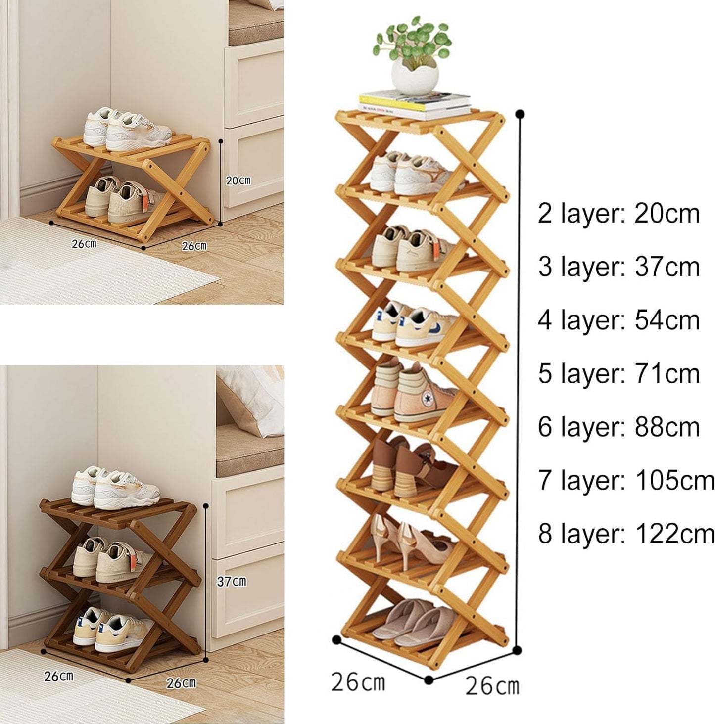 Kiss Me 6-Tier Bamboo Narrow Folding Shoe Rack Vertical