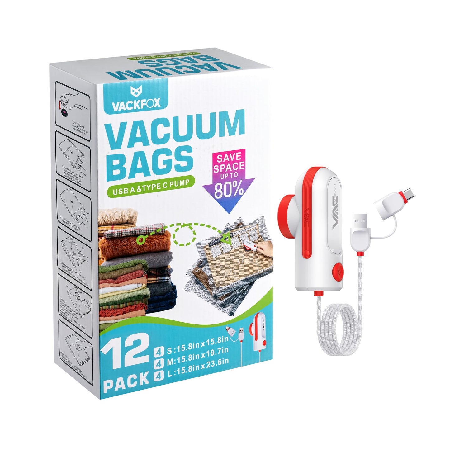 VACKFOX 12 Pack Vacuum Bags for Travel with USB & TYPE C Pump,Compression Packing Cubes for Luggage,Carry-on Space Saver Vacuum Seal Bags&Vacuum