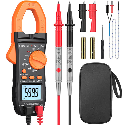 Proster Clamp Meter - TRMS 6000 Counts 800A DC/AC Current 600V DC/AC Voltage NCV Continuity Capacitance Resistance Frequency Diode Hz Test Auto Range
