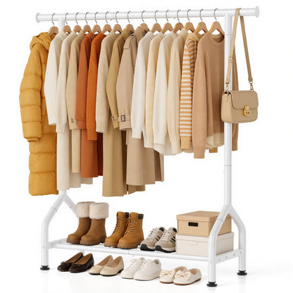 EAGMAK Metal Clothes Rail with Shelf for Hanging Clothes, Sturdy Freestanding Clothes Hanging Rail for Wardrobe & Bedroom Clothing Storage, White
