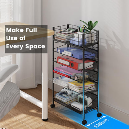 6 Tier Metal Mesh File Trolley with Lockable Wheels, Slim Rolling File Cart Desk Side Organiser