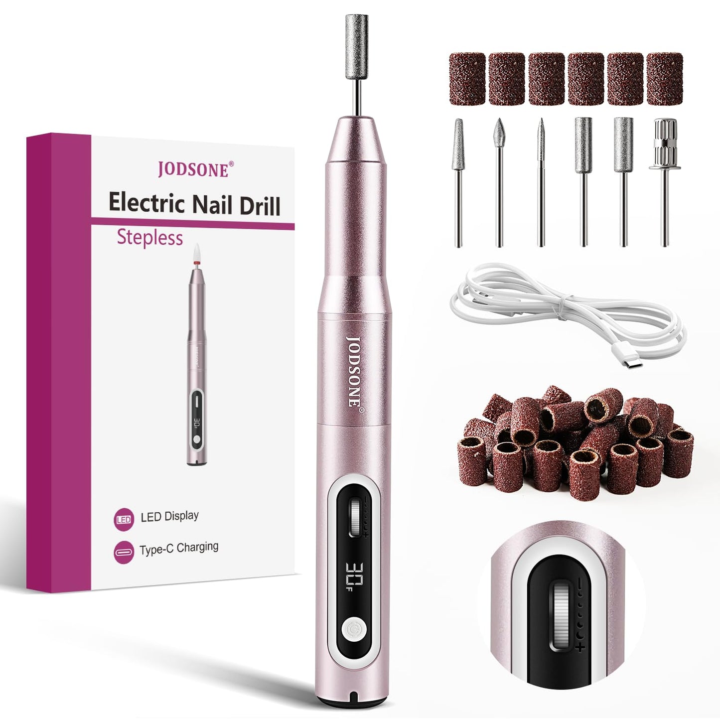 JODSONE Professional Nail Drill 30000 RPM Low Noise with Speed Control Rotary Button and 6 Replacement Drill Bits ,Manicure Pedicure Tools for Home