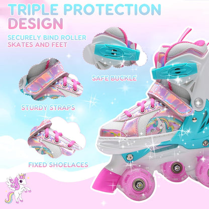 OLYSPM Kids Roller Skates,Roller Boots,4 Sizes Adjustable Quad Skates with 9 Flashing Wheels,Roller Skates for Girls,Boys and Beginner(Pink)