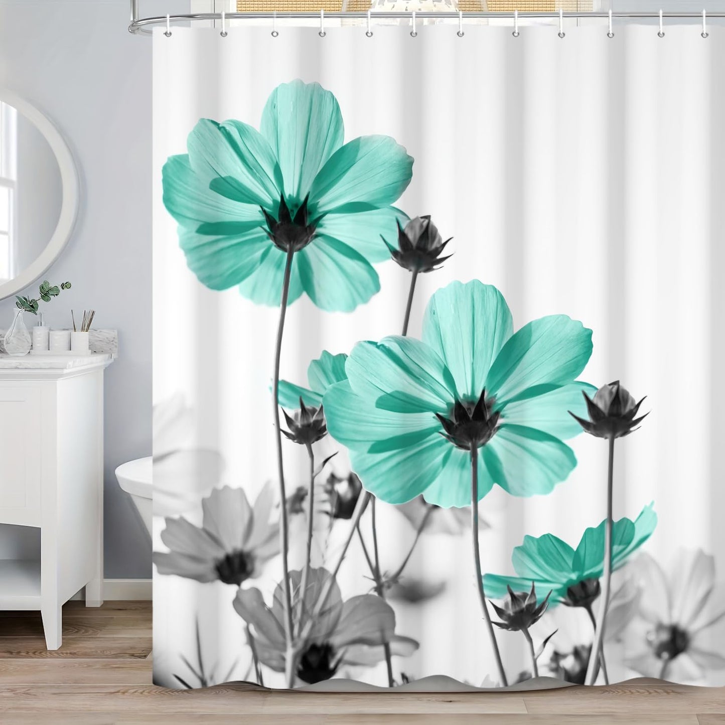 ASDCXZ Turquoise Floral Shower Curtain 180x200 cm, Watercolor Turquoise Gray Daisy Flowers Rustic Farmhouse Waterproof Bath Curtain Polyester Textile