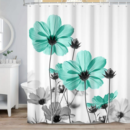 ASDCXZ Turquoise Floral Shower Curtain 180x200 cm, Watercolor Turquoise Gray Daisy Flowers Rustic Farmhouse Waterproof Bath Curtain Polyester Textile