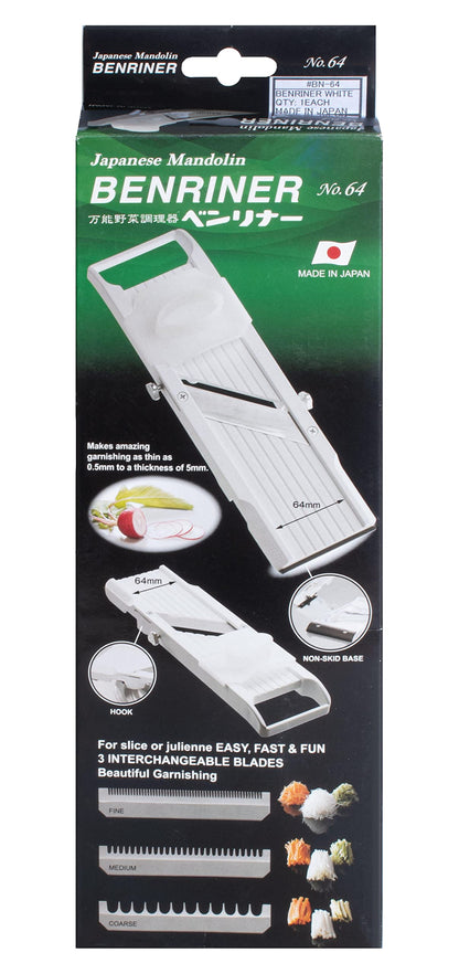 Benriner BN-64W-1 Mandolin Vegetable Slicer, ABS Plastic, 3 Interchangeable Blades, White, Classic
