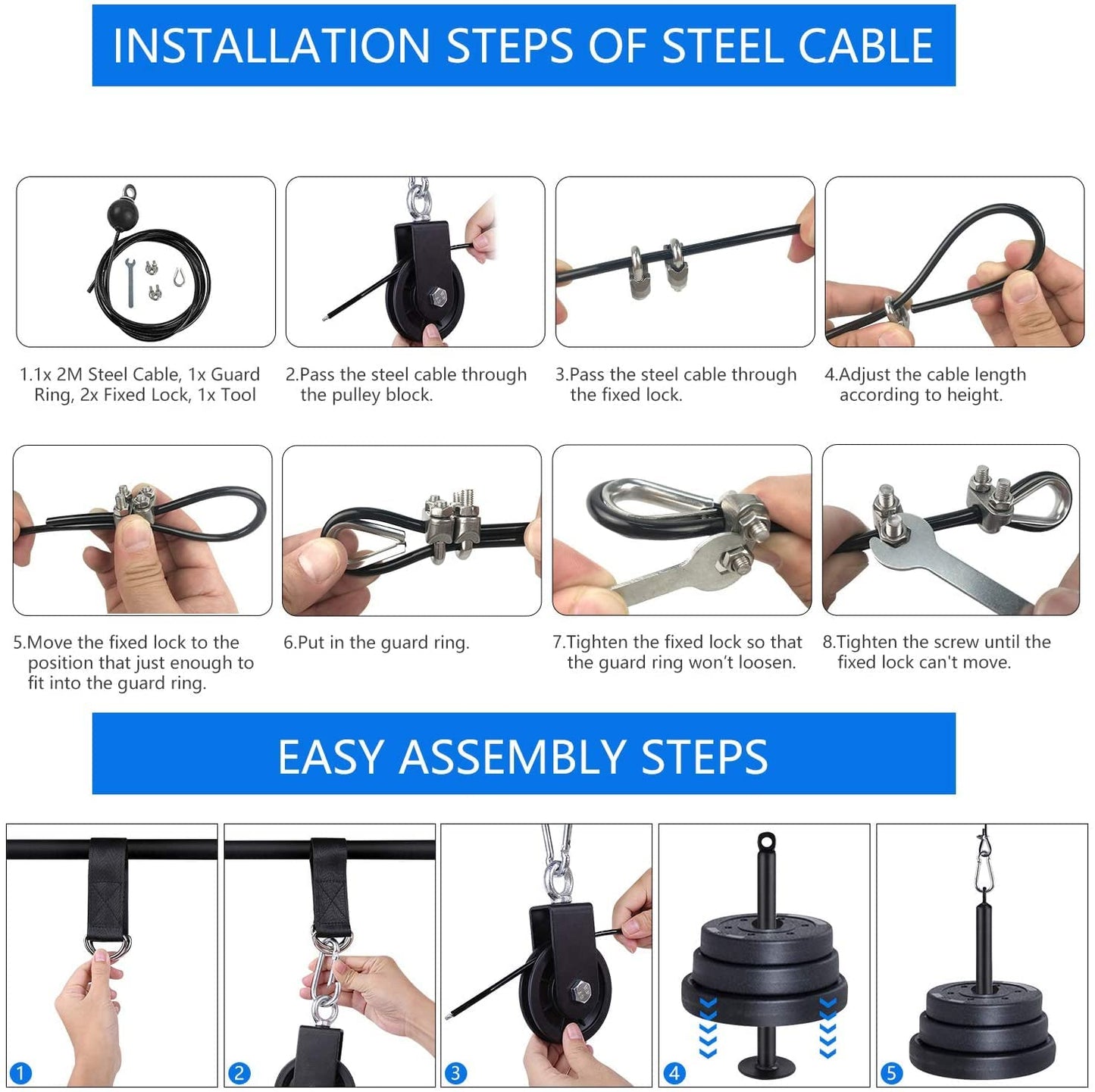 LFJ 12Pcs Fitness LAT Pulley System, Home Gym Cable Machine Muscle Arm Strength Training Equipment with Tricep Rope Loading Pin Exercise Accessories