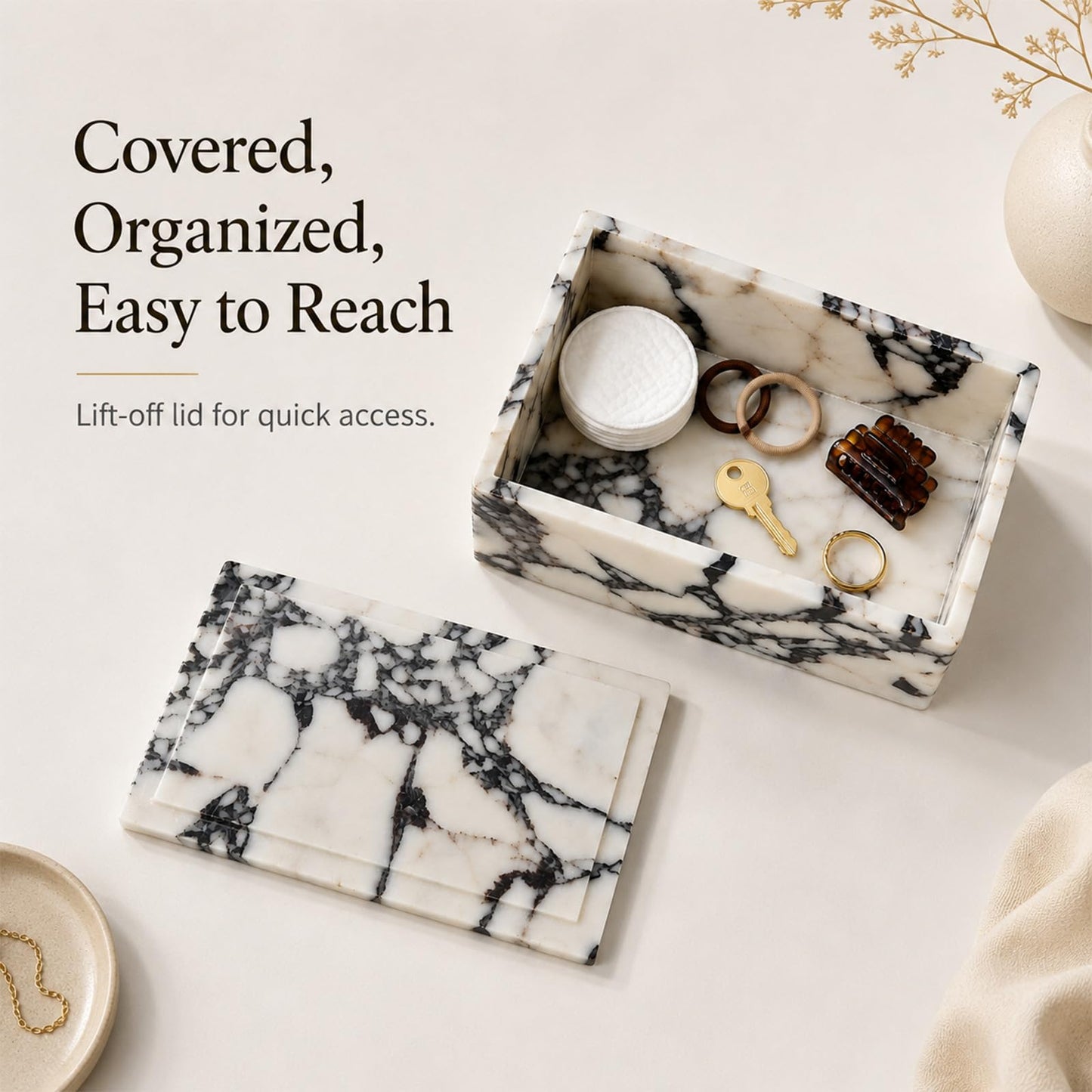 Artisanal Abode Luxury Marble Storage Box with Lid, White and Purple Veined Pattern, Decorative Organizer for Makeup Brushes, Jewelry