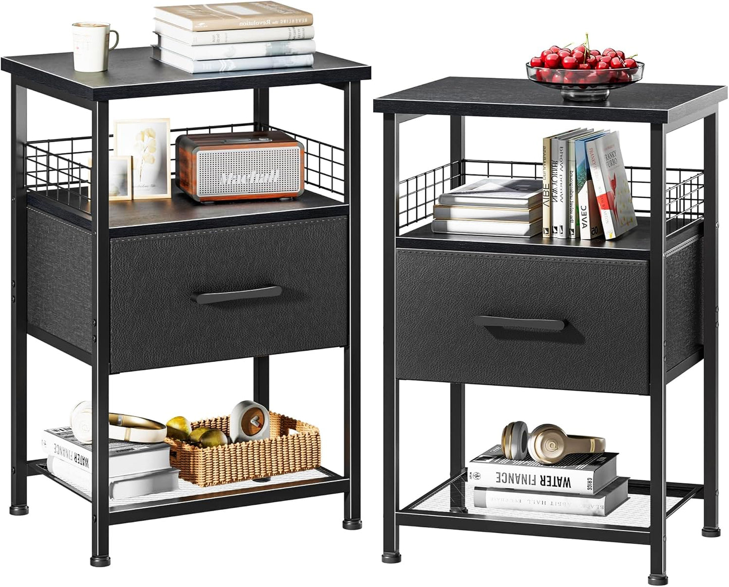 LAKEMID Night Stand with Drawer Set of 2, End Table with Fabric Drawers PU Finish, 3-Tier Bedside Table Storage with Mesh Shelf, for Living Room,Dorm,