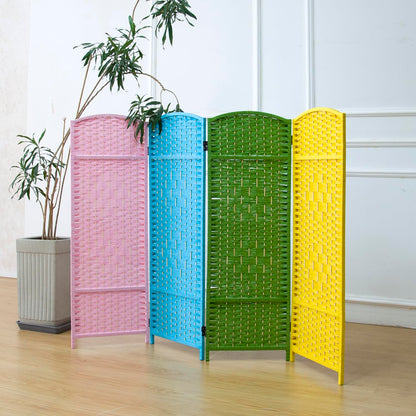 Furnnylane 4 Panel Colorful Rattan Divider Short Room Partition Screen,Double Sided Short Folding Divider for Room Separation,120 cm Tall