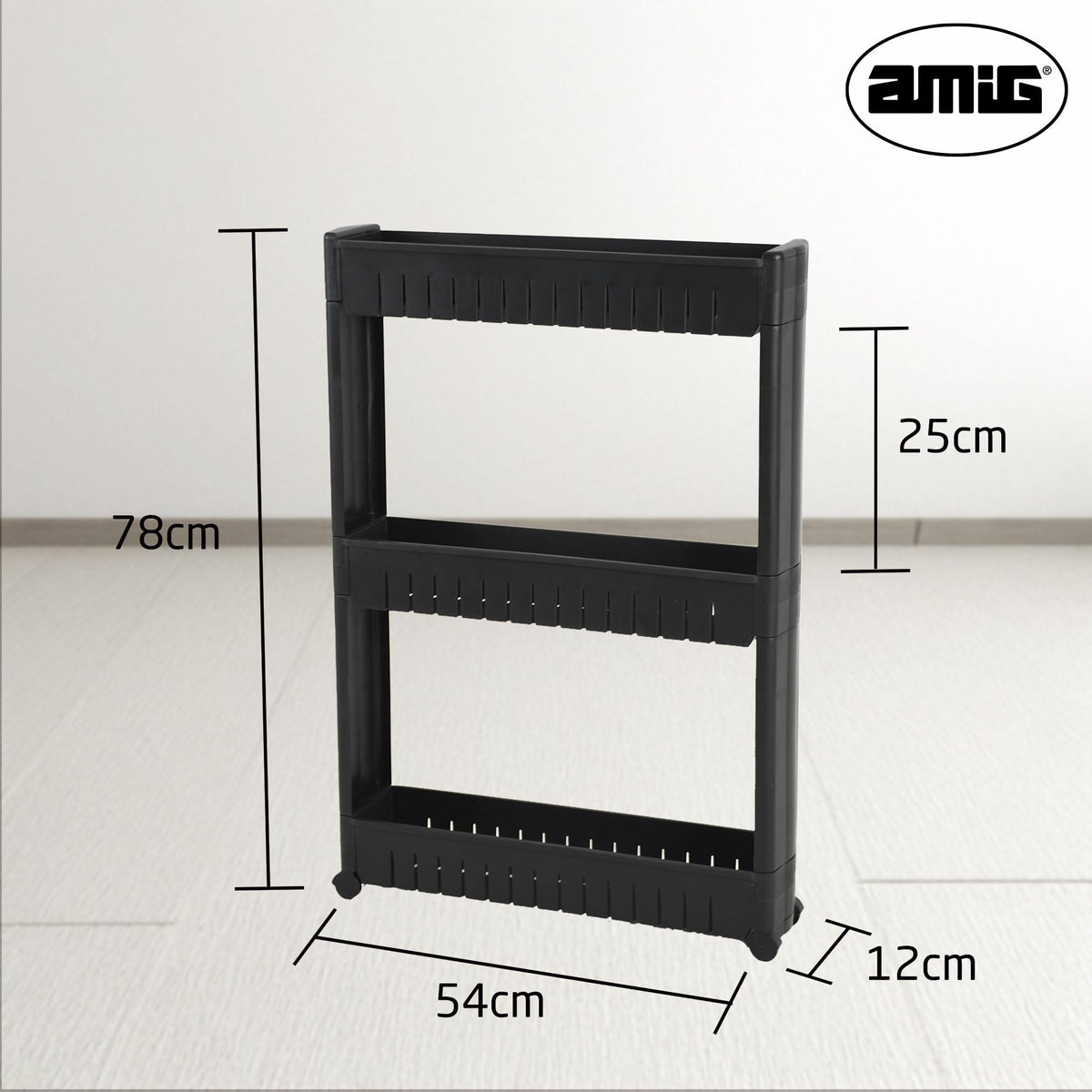 Amig - Narrow Storage Trolley with Wheels Böken - Black - 54 x 12 x 78 cm - 3-Tier Storage Unit for Bathroom
