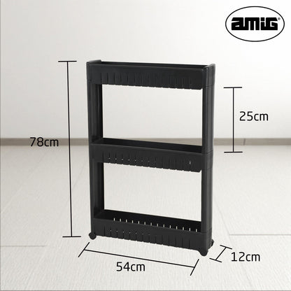 Amig - Narrow Storage Trolley with Wheels Böken - Black - 54 x 12 x 78 cm - 3-Tier Storage Unit for Bathroom