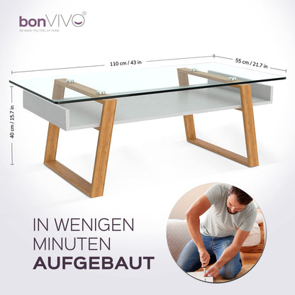 bonVIVO Black Glass Coffee Table with Bamboo - Modern Glass Table Living Room with Shelf 110 x 55 x 40 cm