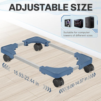 Hmseng Pc Tower Stand, Adjustable Mobile CPU Stand with 4 Rolling Caster Wheels, Fits Most PC Under Desk-Blue