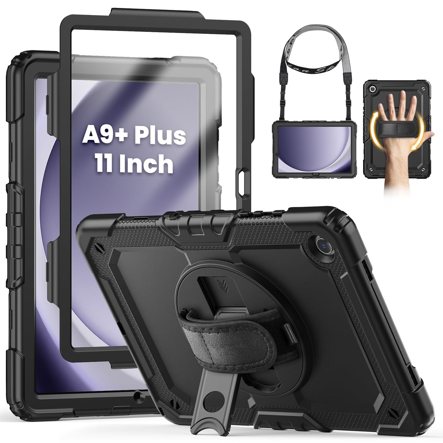 SEYMCY Case for Samsung Galaxy Tab A9+/ A9 Plus 11 Inch, Full Body Shockproof with Screen Protector, 360? Rotating Hand Strap & Stand, Shoulder Strap