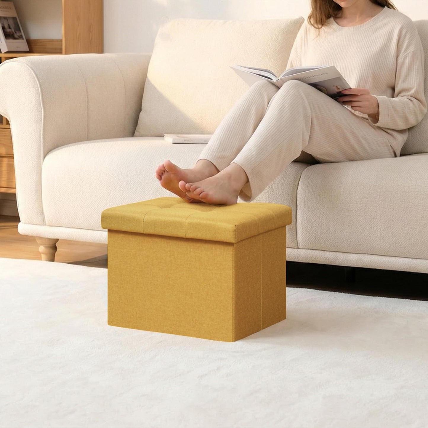 PINPLUS Linen Ottoman Storage Box with Lid, 42x32x32 cm, Ginger Yellow