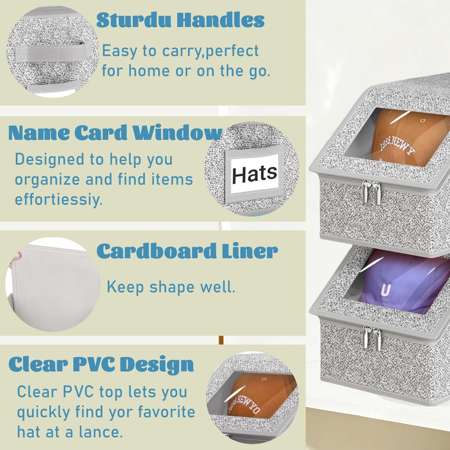BINBE Baseball Cap Storage Stackable Hat Storage with Lid Grey