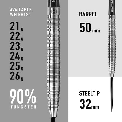 Harrows NX90 90% Tungsten Steel Tip Darts Set 21g, 22g, 23g, 24g, 25g & 26g - Includes Black Supergrip Midi Shafts & Micron NX90 Flights (25g)