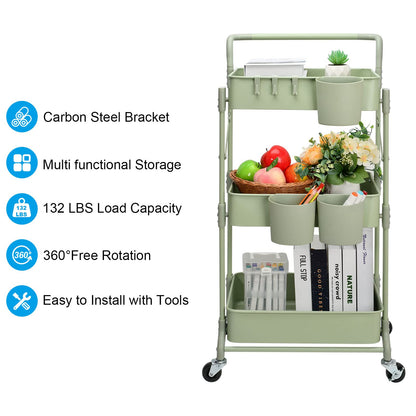 Shrivee 3-Tier Foldable Metal Shelf Organiser, Serving Trolley with Wheels for Kitchen, Bathroom, Office (Green)